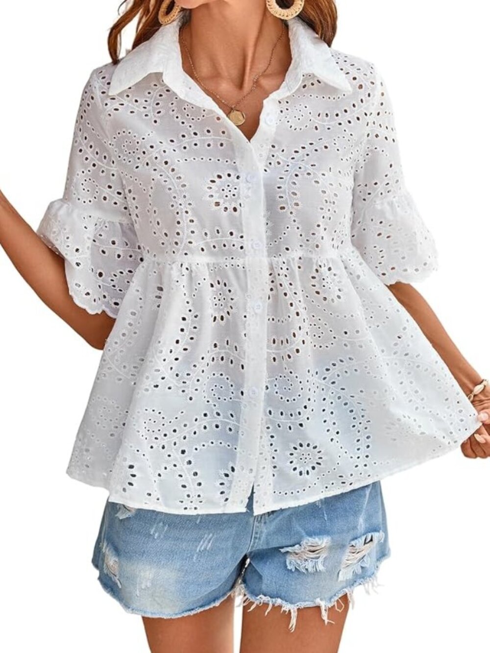 Women’s White Eyelet Button-Front Blouse